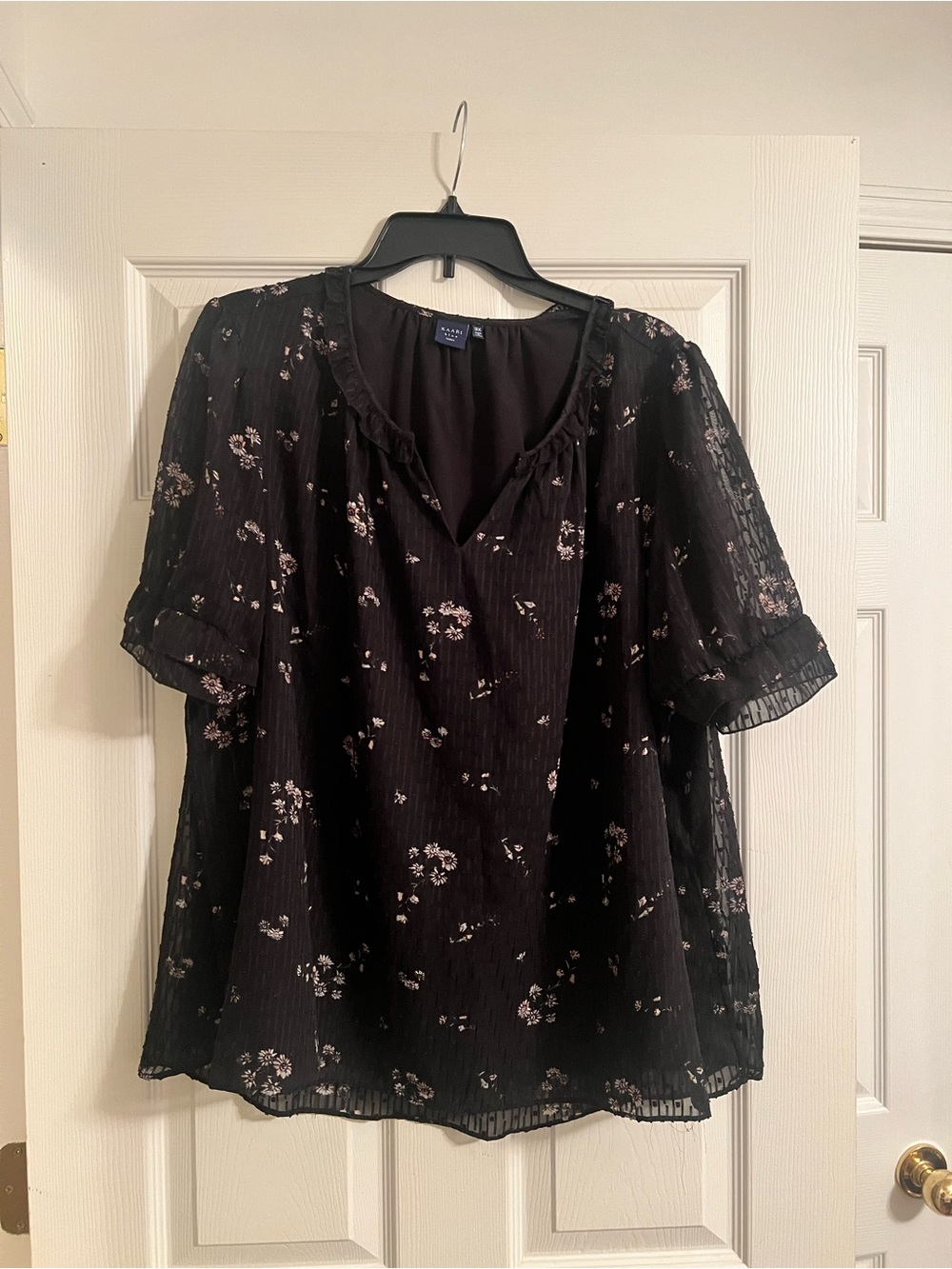 Kaari Blue Black Floral Ruffled V‑Neck Blouse
